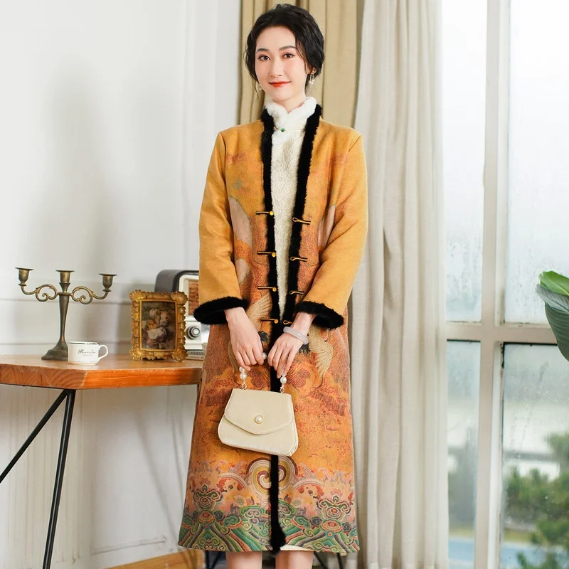 

Long Cheongsam Coat Hanfu Women Chinese Style Improved Vintage Elegant Tang Suit Ink Painting Pattern Female Jacket