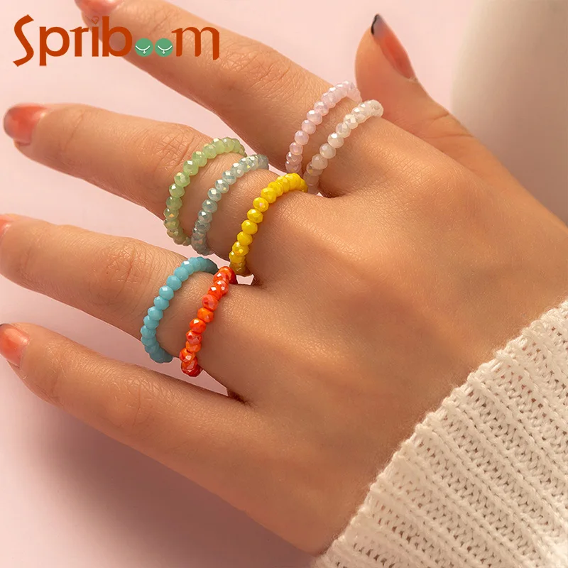 

7Pcs Crystal Beaded Rings for Women Colorful Small Beads Handmade Elastic Ring Set Bohemian Aesthetic Jewelry Female Accessories