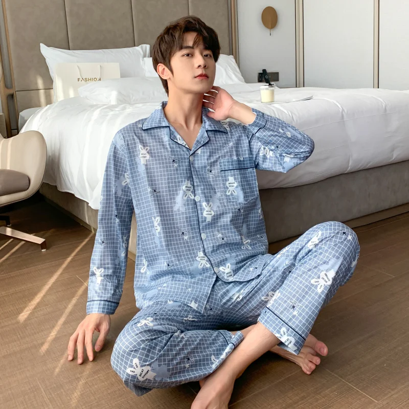 CAIYIER Striped Men Sleepwear Long Sleeve Cardigan Long Pants Nightwear Male Pyjama Autumn Winter Loounge Wear Plus Size 2XL-4XL