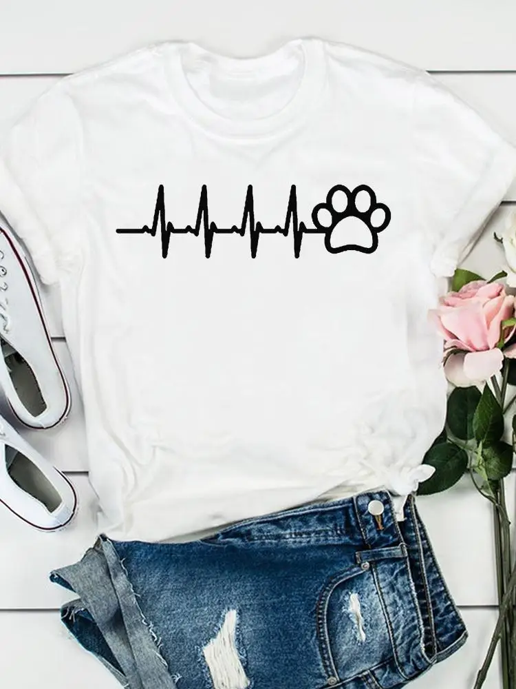 

Fashion Print Paw Cat Dog Pet Lovely Style Short Sleeve Tee Women Clothes T Female Clothing Summer Casual Graphic T-shirts