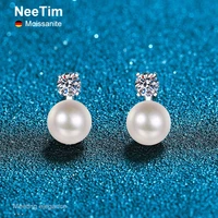 neetim 0 3ct moissanite diamond earrings 9mm pearl stud 925 sterling silver ear studs earring brides wedding jewelry for women