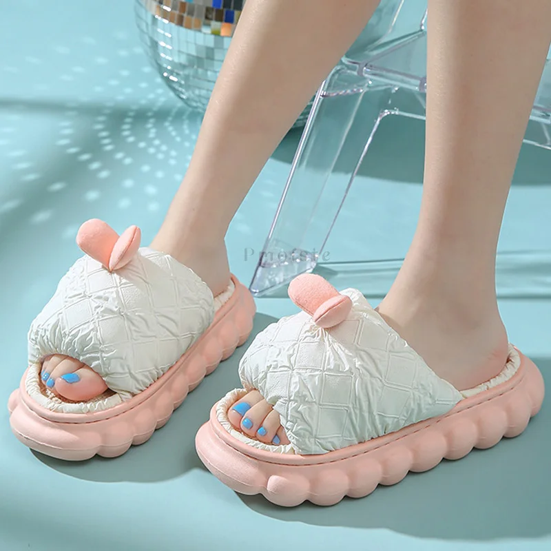 2022 Winter Home Slippers for Women Down Cloth Bedroom Slippers Linen Eva Non-Slip Female Indoor Platform Shoes for Woman Slides