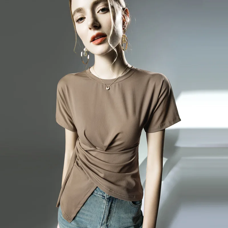 

High Quality 2023 Women Tops Lacing Wrinkle Style T-shirt Female Clothing Spring Summer Sexy Crop Top Clothes Casual Blouse Y2k