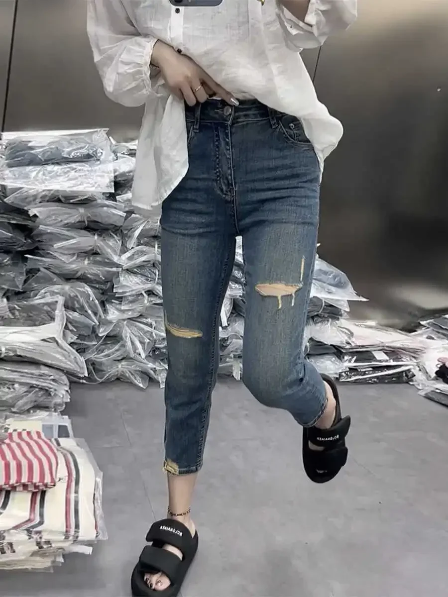 Женские джинсы Y2k рваные узкие скинни женские эластичные брюки больших размеров