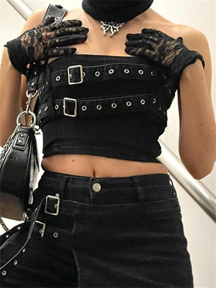 

2023 New Gothic Black Denim Tube Top Punk Style Belt Patchwork Strapless Corset Tops Women Streetwear Y2k Tee Dark Academic Chic