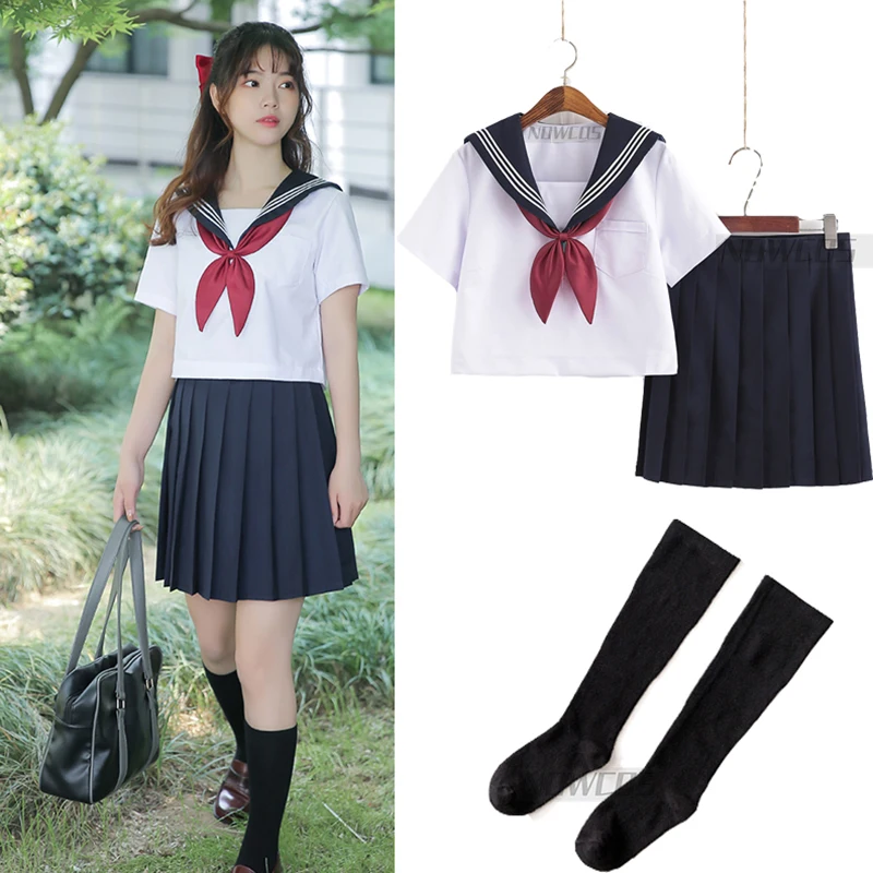 

Базовая японская школьная форма, Студенческая униформа для старших классов колледжа для девочек, матросский костюм, Белый Топ, плиссирован...