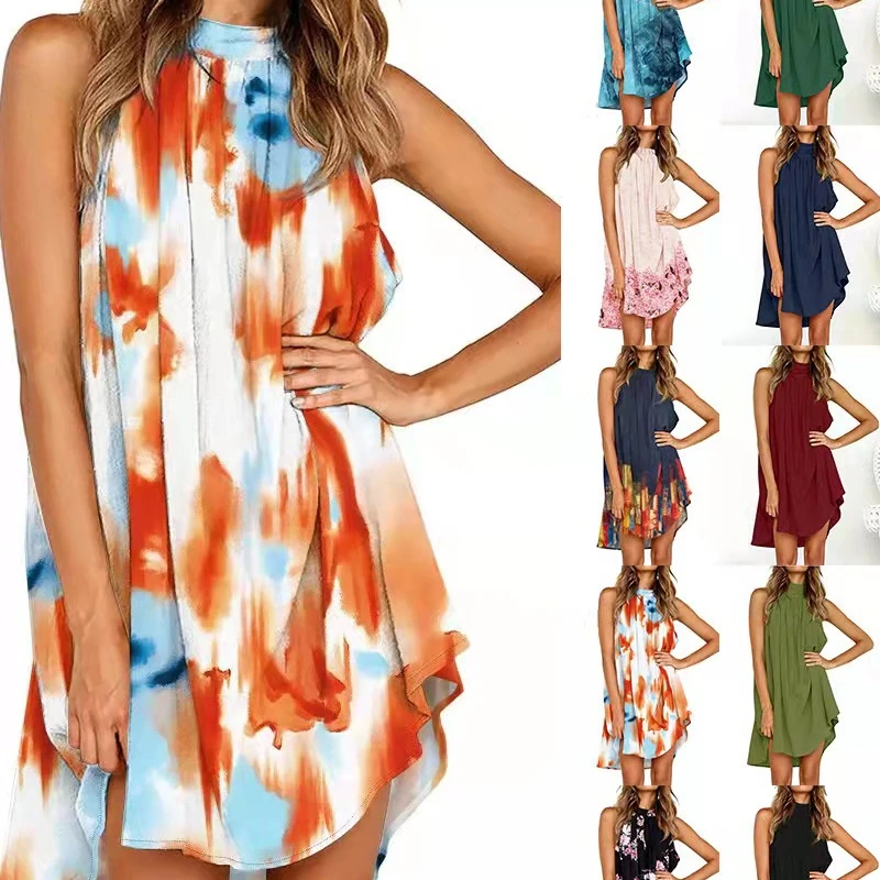 

Summer European and American Women's Printed Dress Round Neck Pleated Sleeveless Hanging Neck Women's Printed Pullover Dress