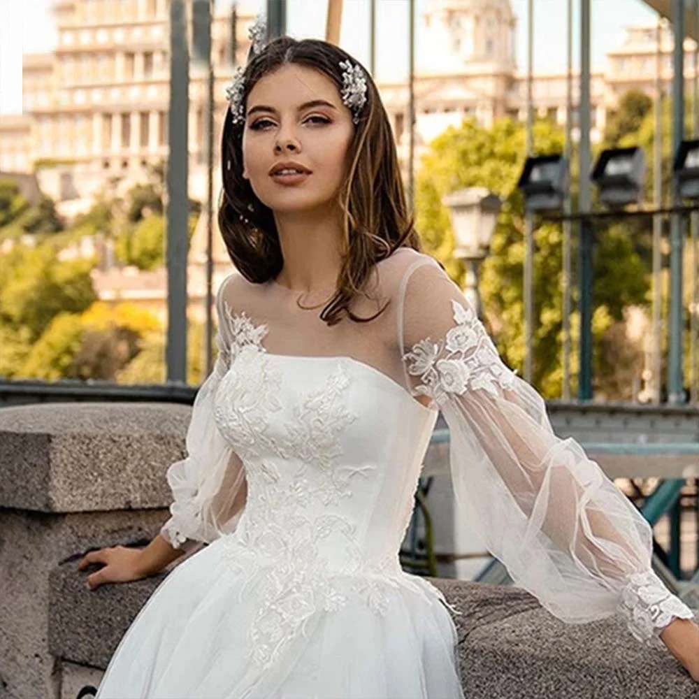 

Элегантное Тюлевое свадебное платье с рукавами-фонариками и круглым вырезом, сексуальное женское платье с разрезом и шлейфом