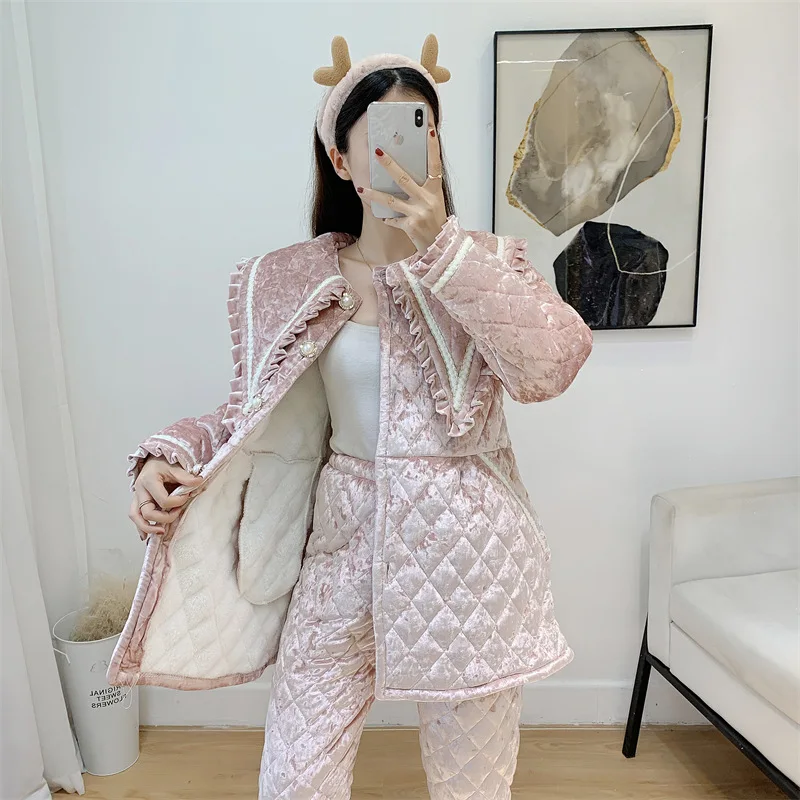 Coral Velvet Pajamas Sets Homewear 2Pcs Long Sleeve Shirt Pant Sleep Suit Nightwear Sleepwear Loose Lapel Lace Home Clothes