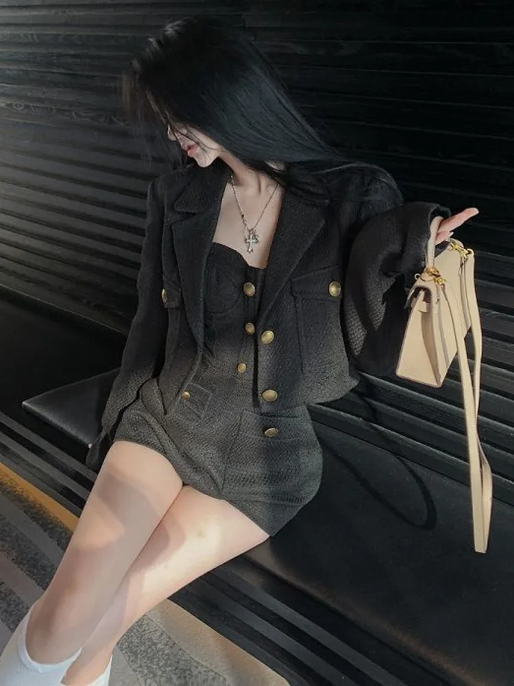 Женский твидовый облегающий костюм черный пиджак с подтяжками из двух предметов