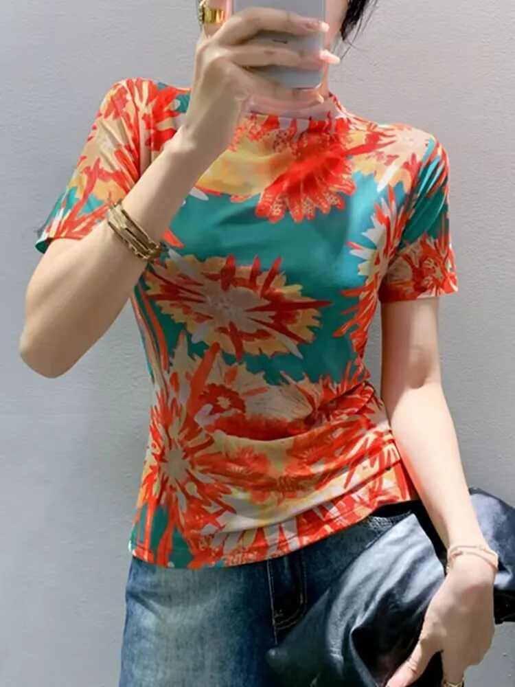 Новое поступление 2024 шикарная элегантная красочная сетчатая женская футболка