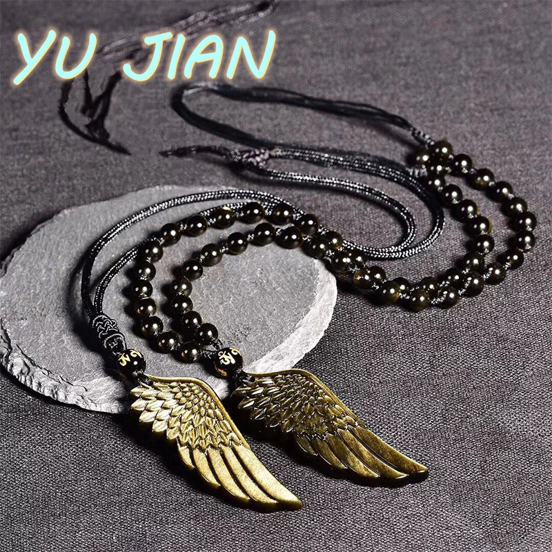 Exquisite Gold Obsidian Angel Wing Feather Pendant Ladies Men's Fashion Necklace Natural Crystal Stone Handmade Jewelry