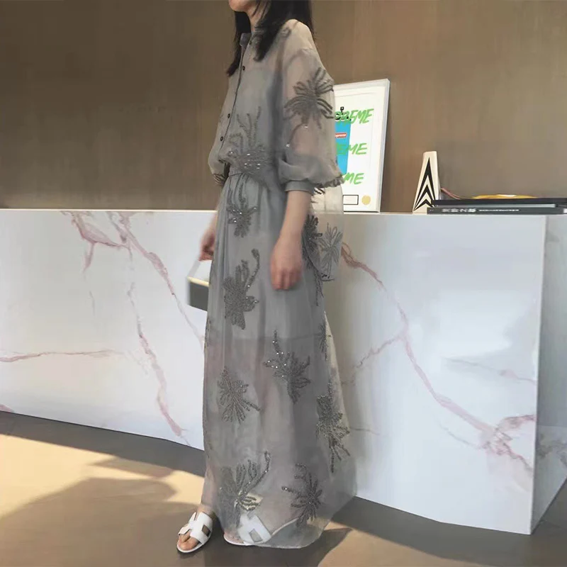 

Women Flower Embroiderey Sequin Skirt Sets Lapel See Through Blouse Elastic Waist Long Skirts Fashion Elegent Silk 2 Piece Suit