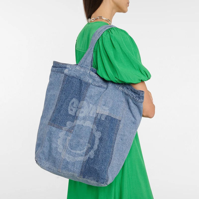 

Vintage Letter Print Denim Canvas Bag Women 2022 Large Capacity Portable Blue Shoulder Shopping Bag Patchwork Casual Tote Bags