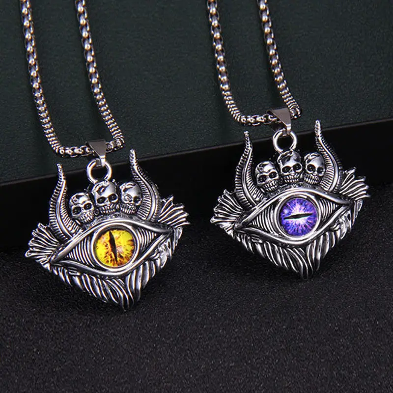 

Turkish Devil's Eye Skull Pendant Necklace Retro Punk Stainless Steel Long Chain Sweater Choker Women Men Lucky Jewelry Gifts