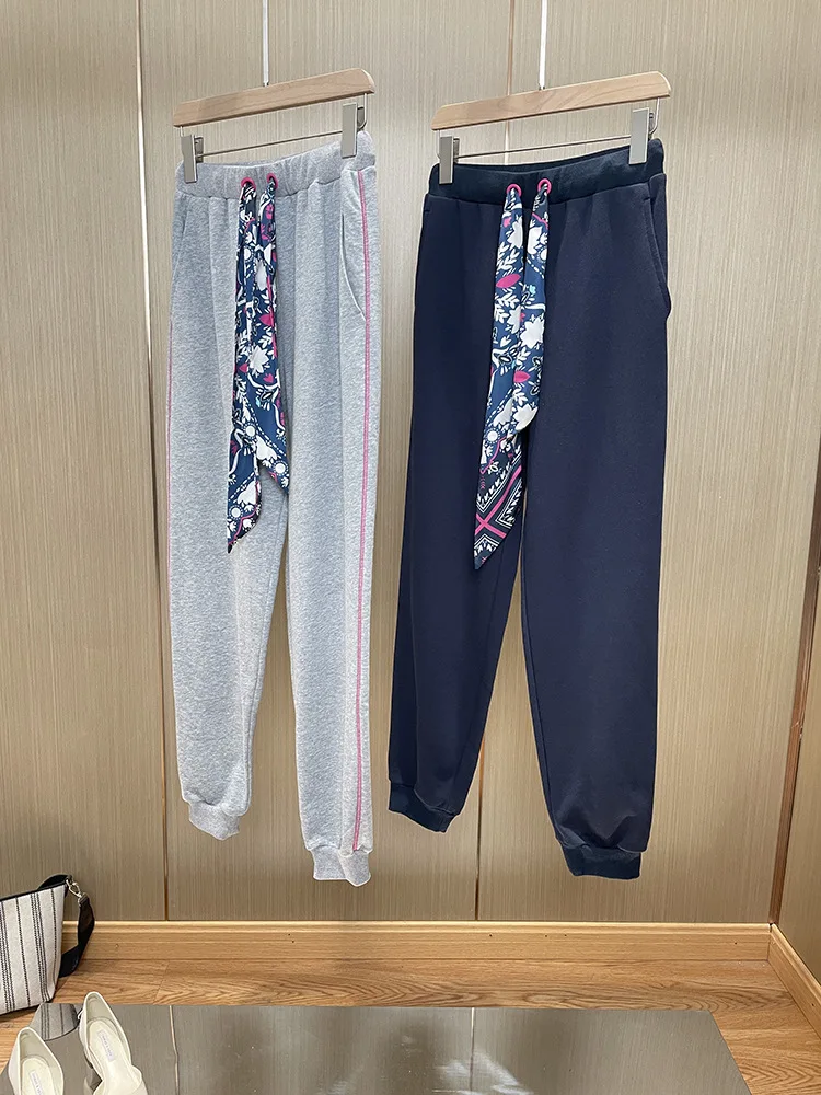 

Women Sweatpants Elastic Waist Print Drawstring Long Trousers Splicing Cotton Casual Spring