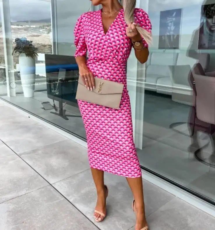 

Elegant Dresses for Women 2023 New Bubble Sleeves V-Neck High Waist Wrap Hip Print Slim Fit Mid Length Dress Party Commuter Work