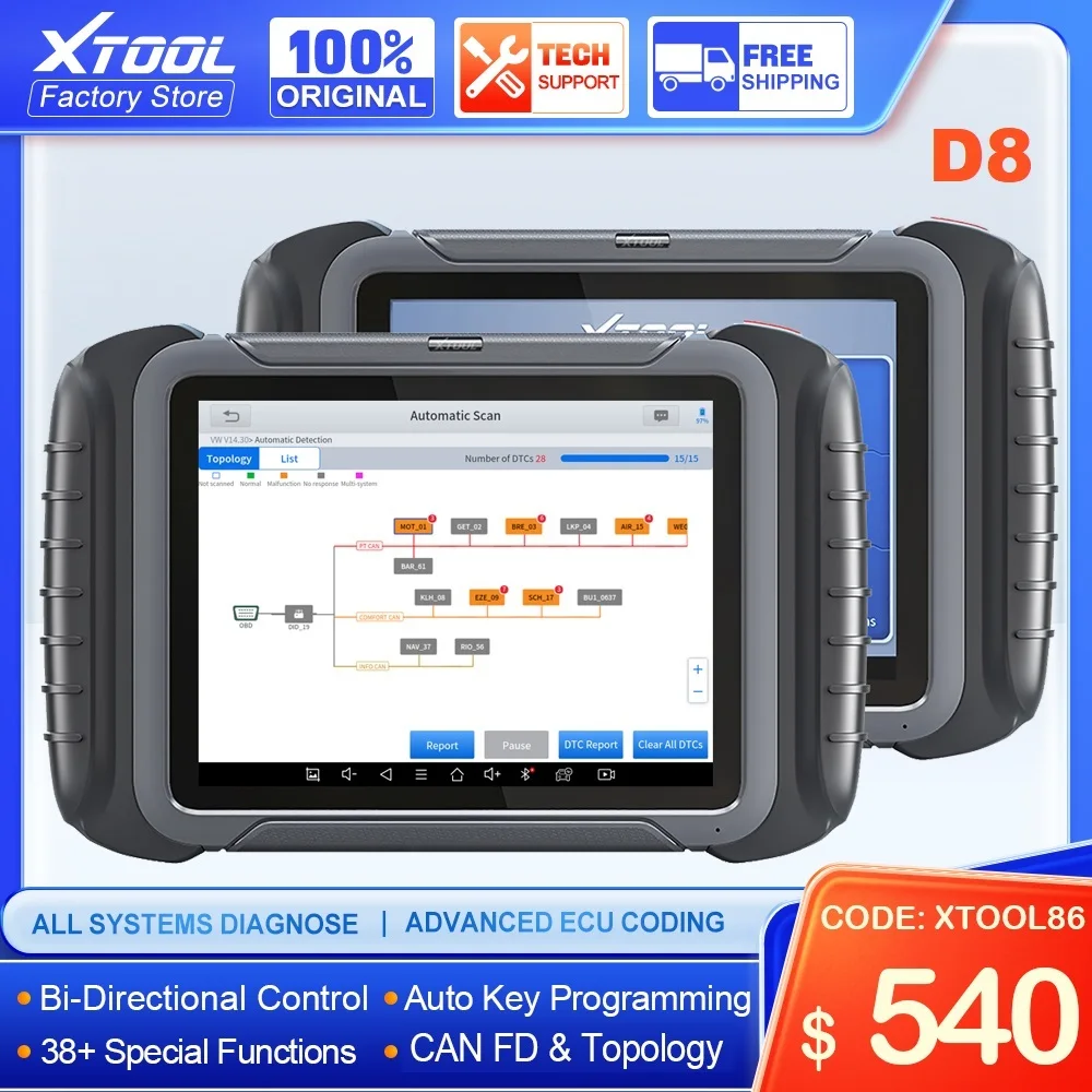 Автомобильный диагностический сканер XTOOL D8, диагностический инструмент для всех автомобилей, кодирование ECU, активное тестирование, 38 сбросов, программирование ключей с топологической картой CANFD