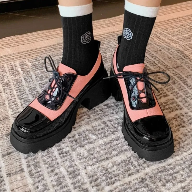 

British Style Thick-soled Muffin Shiny Leather Shoes Women's Heels New Color Matching High-heel Thick-heel All-match Shoes B4-35