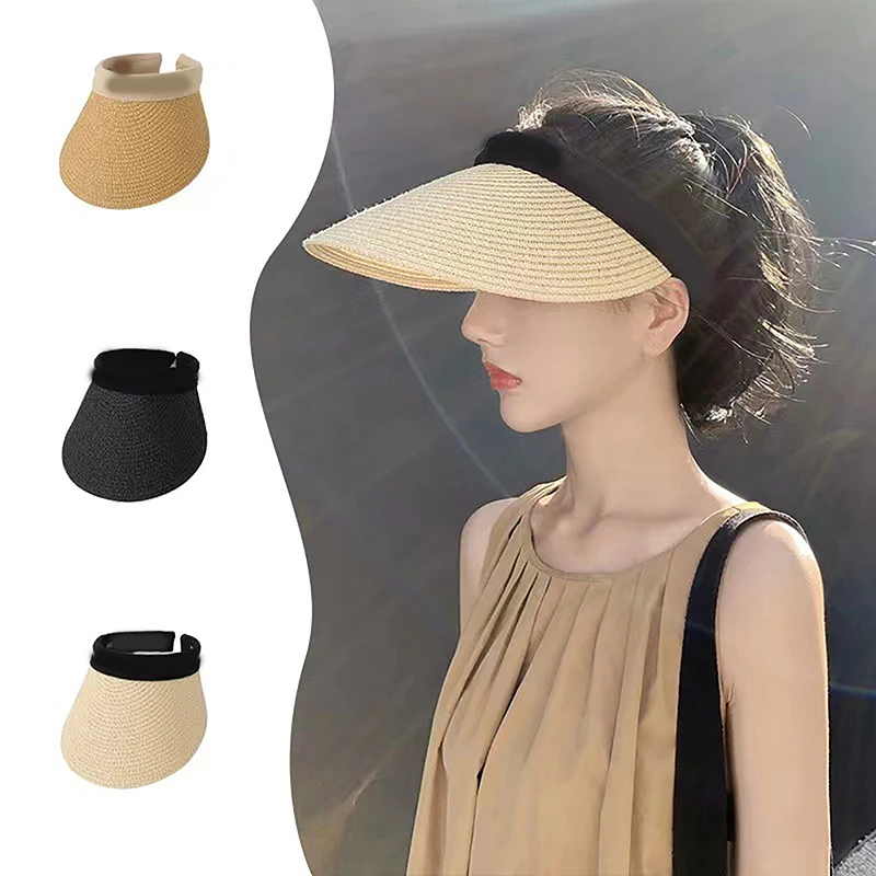 

Women Empty Top Raffia Straw Hat Summer Outdoor Travel Beach Sunscreen Anti Uv Riding Sun Hat Girl Big Brim Bow Visor Cap