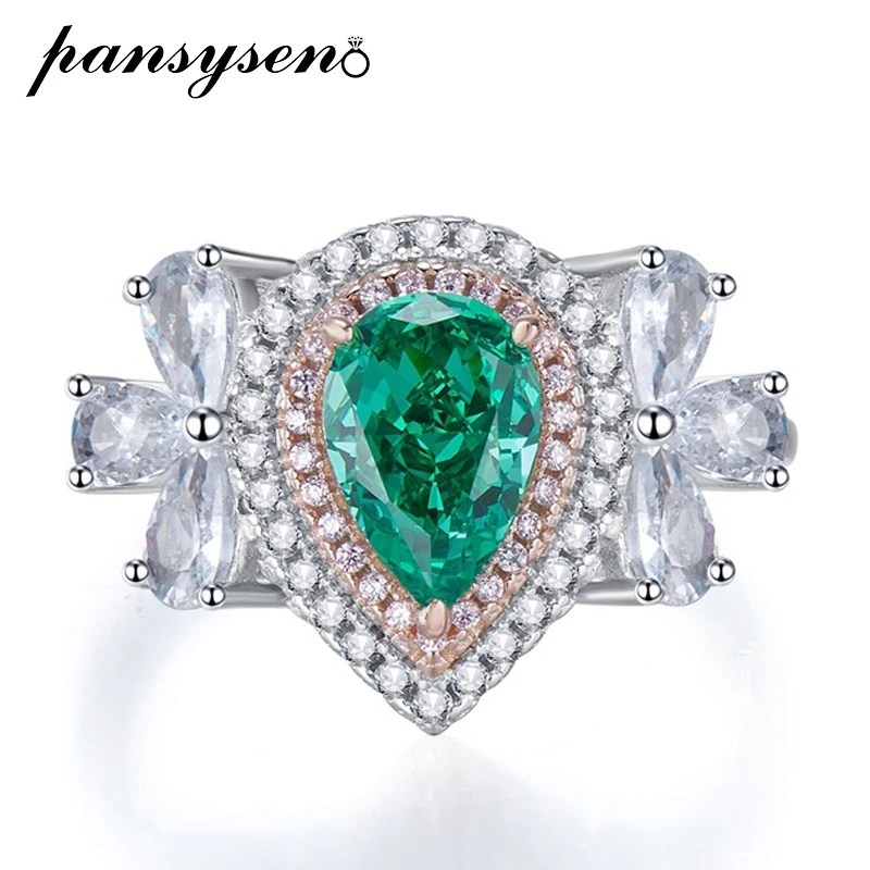 

PANSYSEN Luxury Solid Silver 925 Jewelry 6*9mm Pear Cut Paraiba Tourmaline Gemstone Cocktail Party Ring Fine Jewelry Wholesale