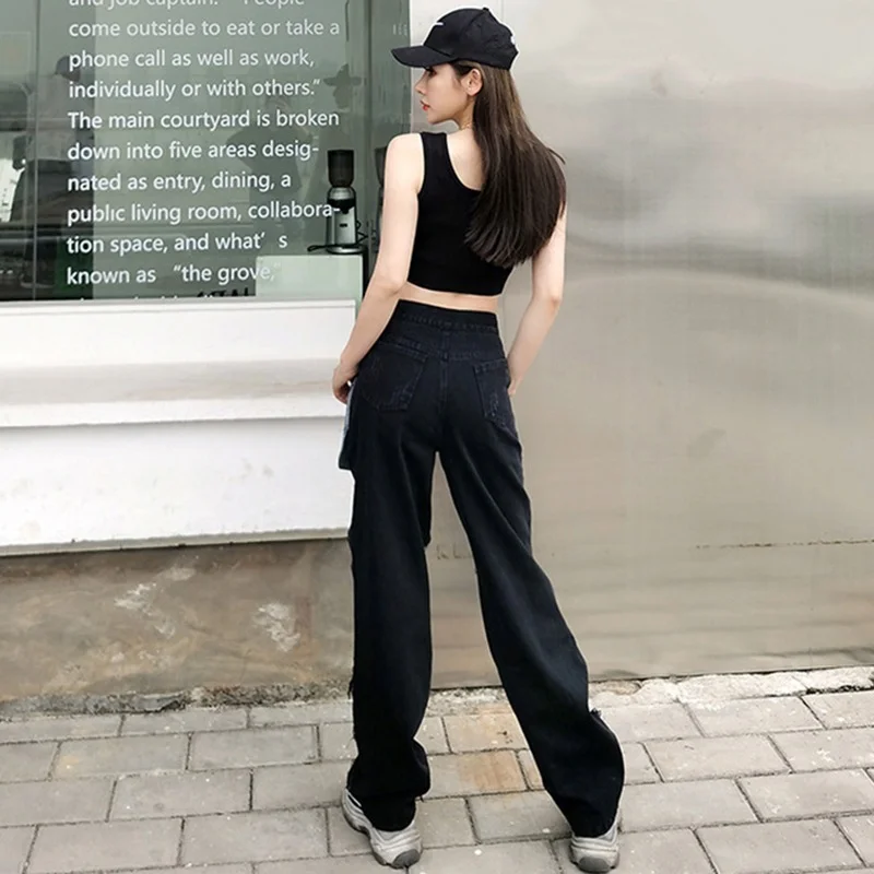 Trousers Fashion Spring and Autumn High-waist Stretch Raw Edge Frayed Hole Pockets Outturned Casual Wide-leg Jeans Loose Women's