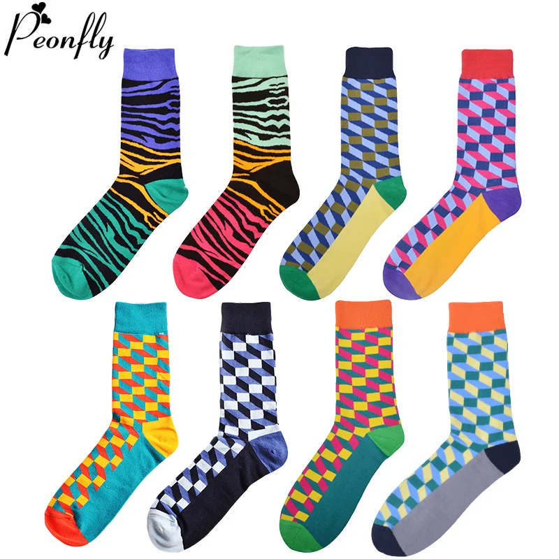 

Peonfly Size Large Long Cotton Men's Socks Funny Zebra Crest Fish Color Grid Sock for Men
