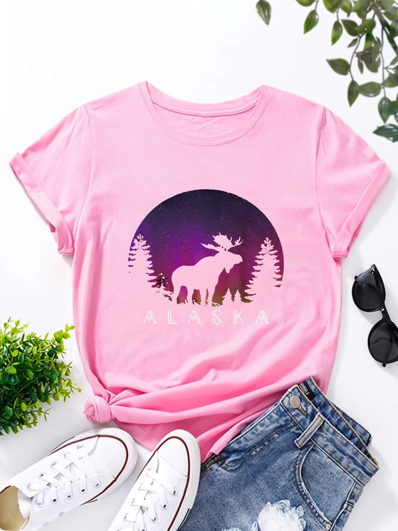 Футболка женская летняя повседневная с принтом Аляска лосят Аврора боролис 2000s y2k