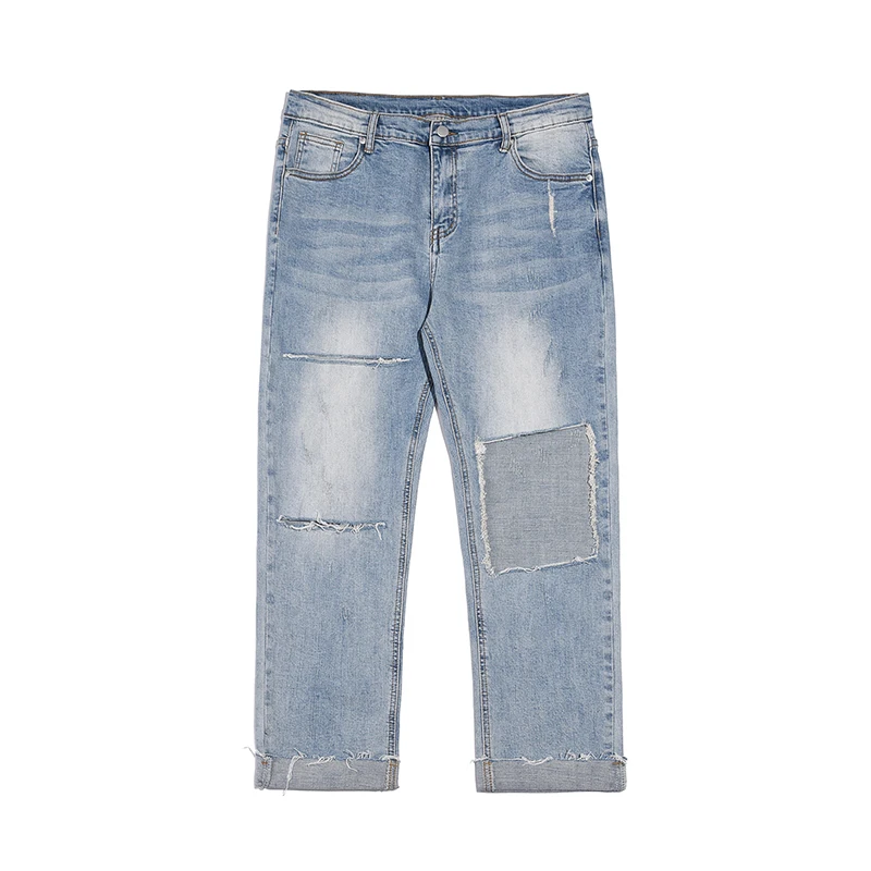 

Ripped Hole Straight Washed Retro Casual Denim Pants Men and Women High Street Pockets Hip Hop Loose Jeans Trousers