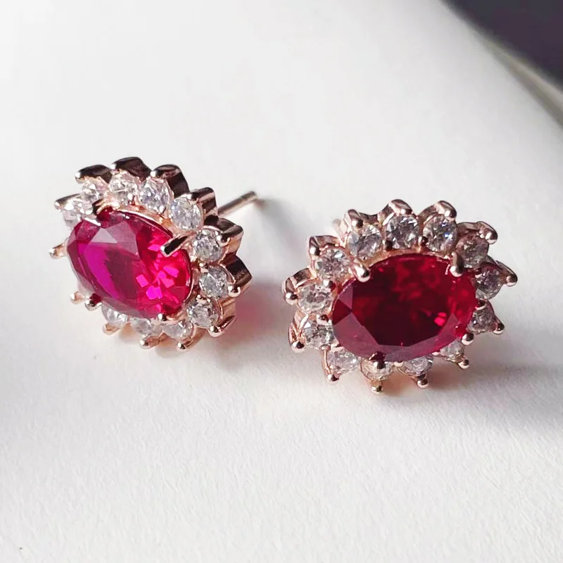 

100% Real Ruby Earrings For Women Lab-grown Ruby Stud Earrings Luxury Fine Jewelry Set S925 Sterling Silver Bridal Wedding
