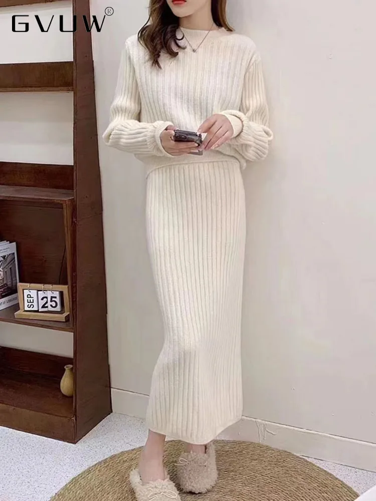

Пуловер с длинным рукавом и круглым вырезом GVUW, свитер + высокоэластичная вязаная юбка в Корейском стиле, Осень-зима 2023, комплект из двух пре...