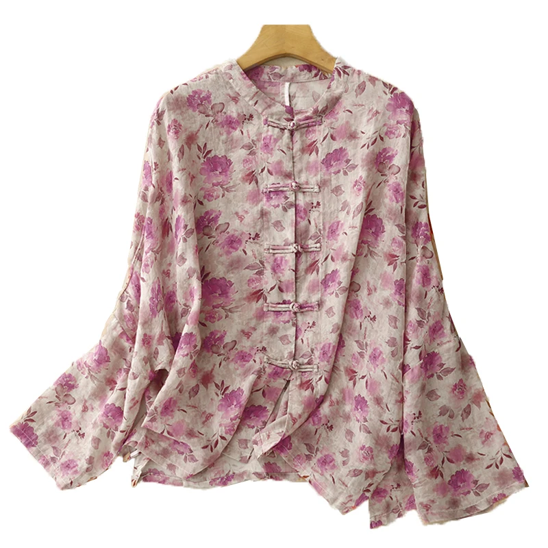 Винтажная женская рубашка из хлопка и льна летняя одежда с принтом распродажа