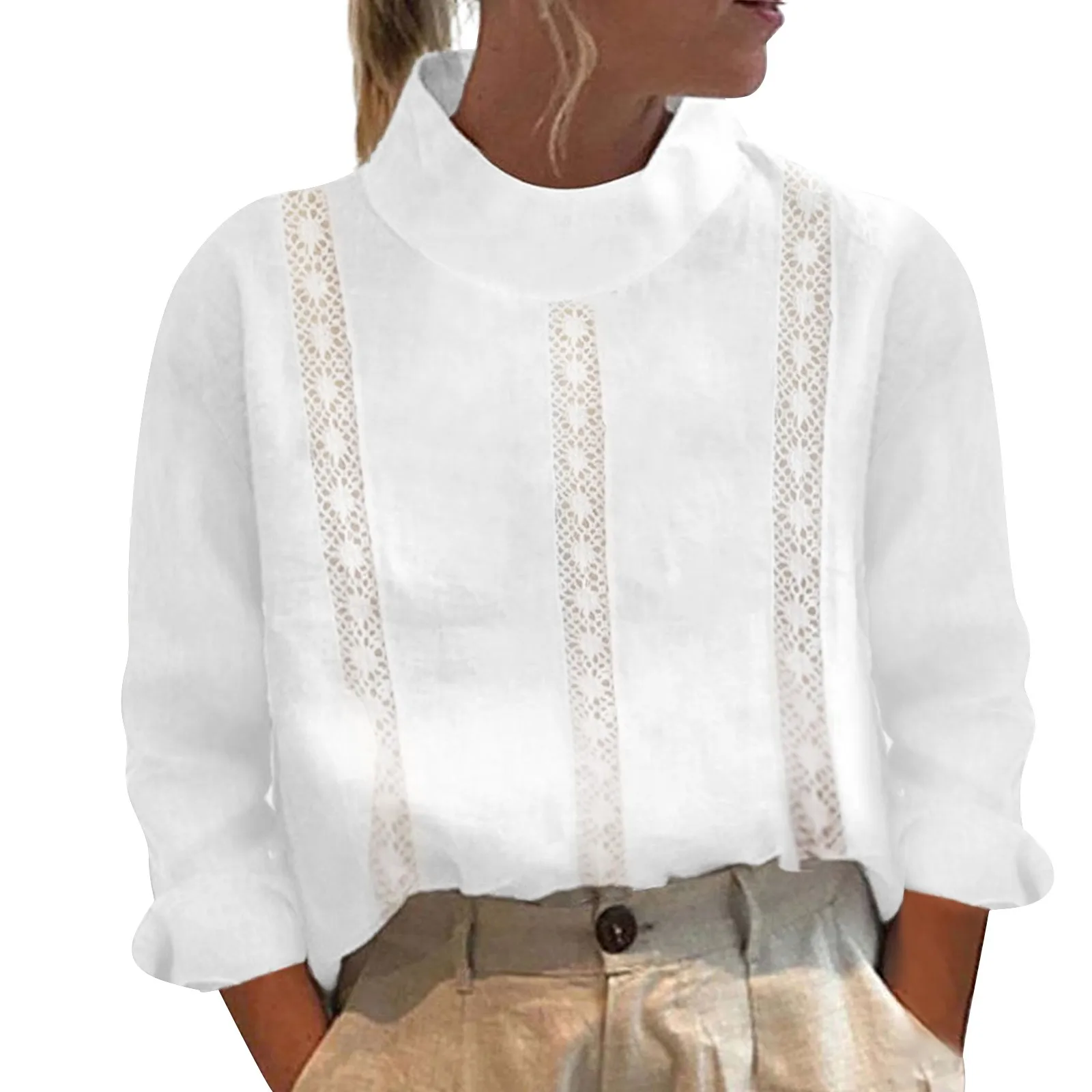 

Vintage Top Long Sleeve White Shirts 2023 Spring Summer Solid Color Cotton Linen Women Blouse Office Lady Turtleneck Dress Shirt