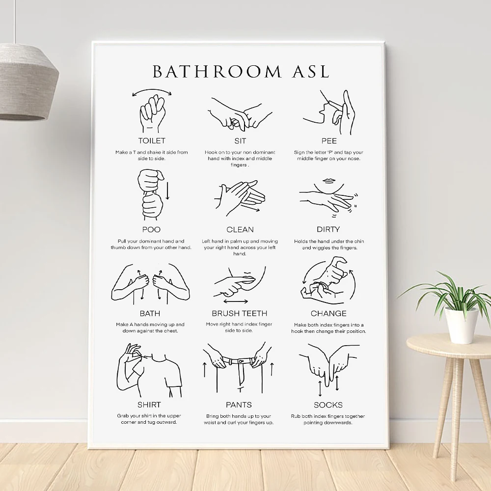 

Bathroom Asl Print Wall Art Language Poster Educational Learning Canvas Painting Modern Minimalism Mural Picture Toilet Decor