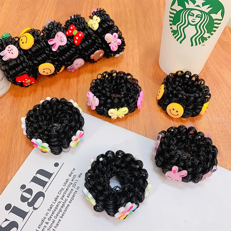 

2Pcs/set Vintage Children Wig Scrunchie Ponytail Holder Hair Ring Ropes Elastic Hair Bands Cartoon Flower Kids Hair Accessories