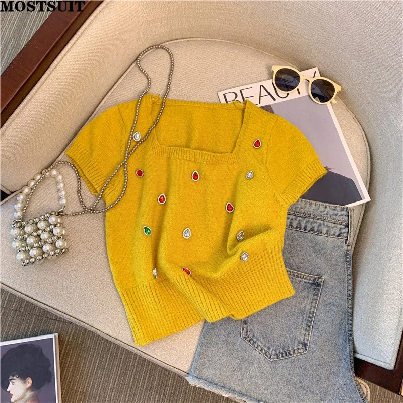 Женский трикотажный пуловер с цветными стразами модная футболка в Корейском