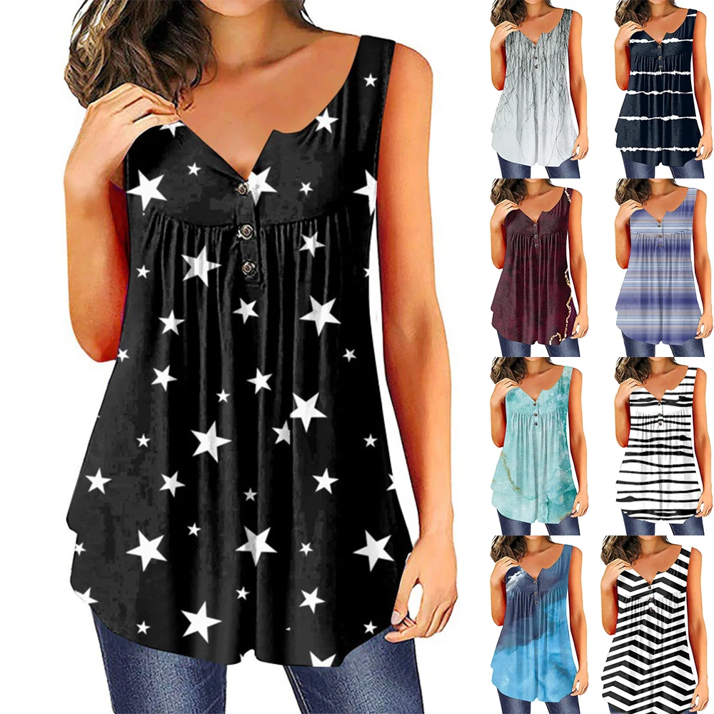 

Summer Fashion Women's Sleeveless Tee Striped Stars Smudged Print Off Shoulder Button Oversize Vintage Vest Loose Top 10 Styles