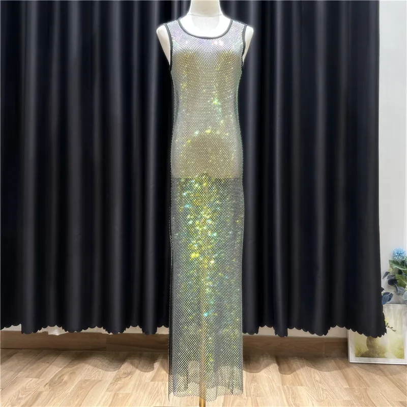 Women's Sexy Summer Dress Fashion Rhinestone Shiny Dress Lady Sleeveless Long Dress S3736