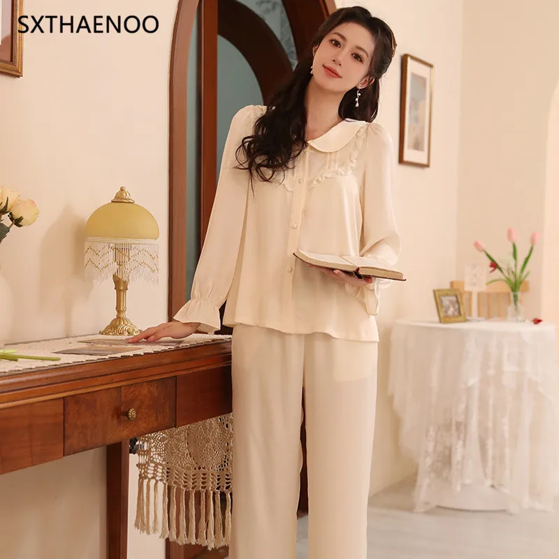 SXTHAENOO Retro Palace Ice Silk Long Sleeve Pajama Set Fashion Elegant Lapel Cardigan Loose Pajamas Suit Sleepwear пижамаженская