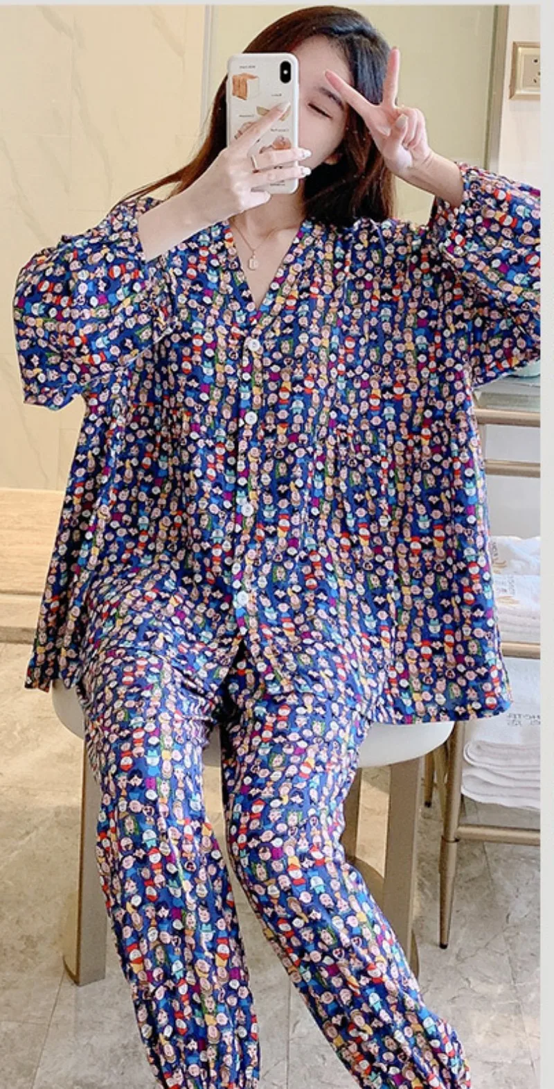 Girls' Cotton Clothes Cardigan V-neck Nine Minutes Two Pieces Young Women Thin Sweet And Lovely Spring And Autumn Pajamas 2022