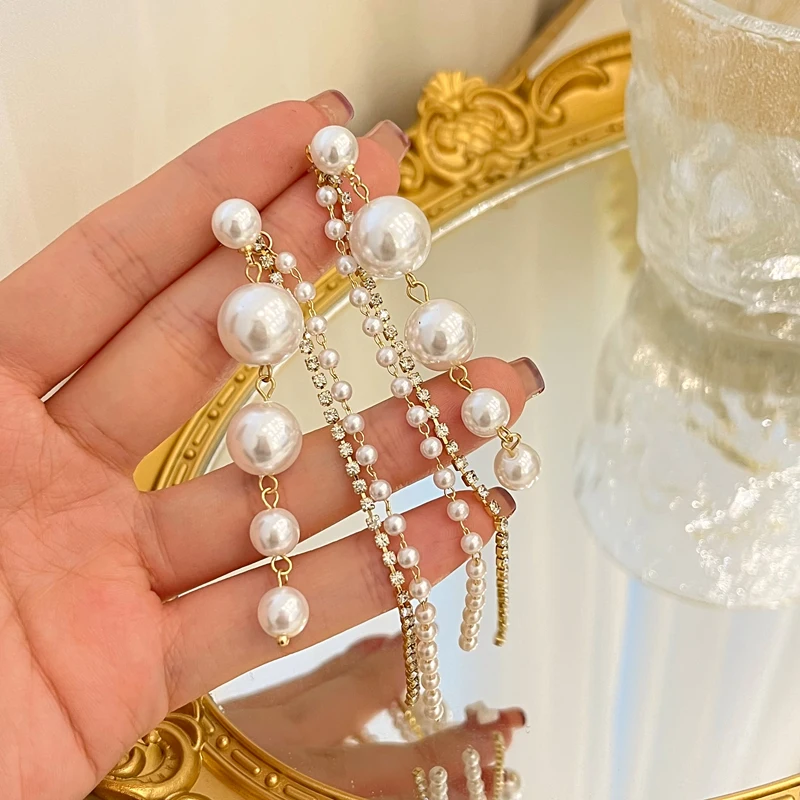 

925 Silver needle Modern Jewelry Simulated Pearl Earring Pretty Design Shiny Crystal Long Tassel Earrings For Women Party Gifts