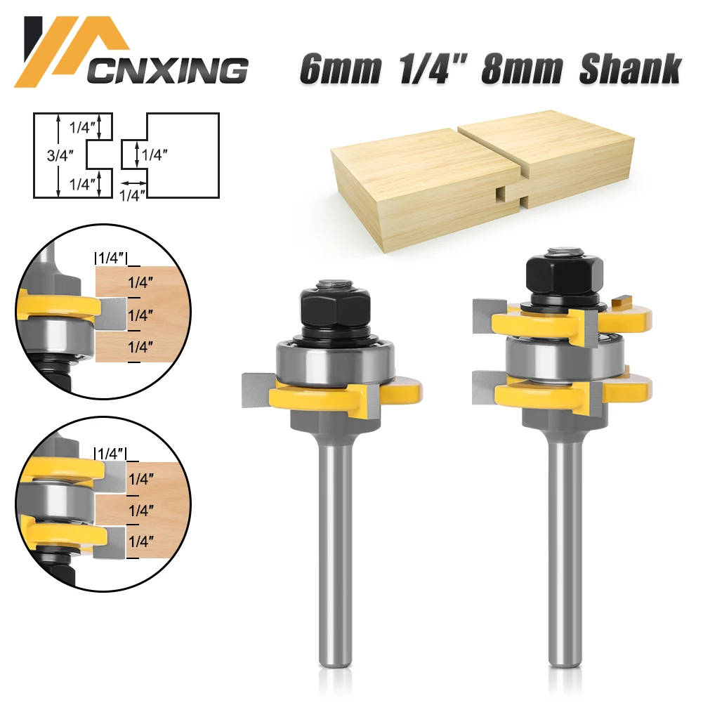 6mm/6.35mm/8mm Shank 2Pcs Tongue & Groove T-Slot Joint Assemble Router Bit For Flooring Panel Woodworking Tool Milling Cutters