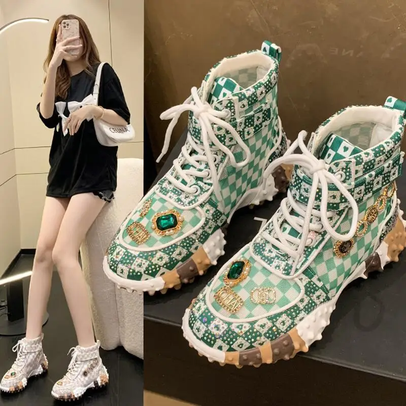 

Модные женские ботинки на весну и осень стразы женские кроссовки дышащая обувь с высоким верхом на шнуровке Повседневная Папина обувь