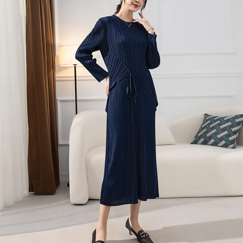 

Miyake Pleated Ladies Dress 2022 Fall/Winter O Neck Comfortable Long Sleeve Lace Up High Quality Korean Casual Designer Clothing