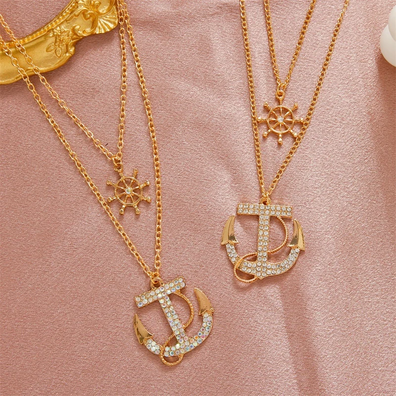 

Embellished With Rhinestone Anchor Pendant Gold Clavicle Chain Necklace For Women Girls Birthday's Gift Fashion Jewelry