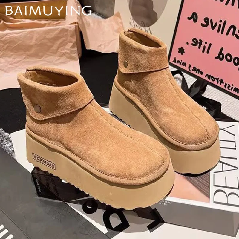 Замшевые женские зимние ботильоны на платформе дизайнерские короткие плюшевые