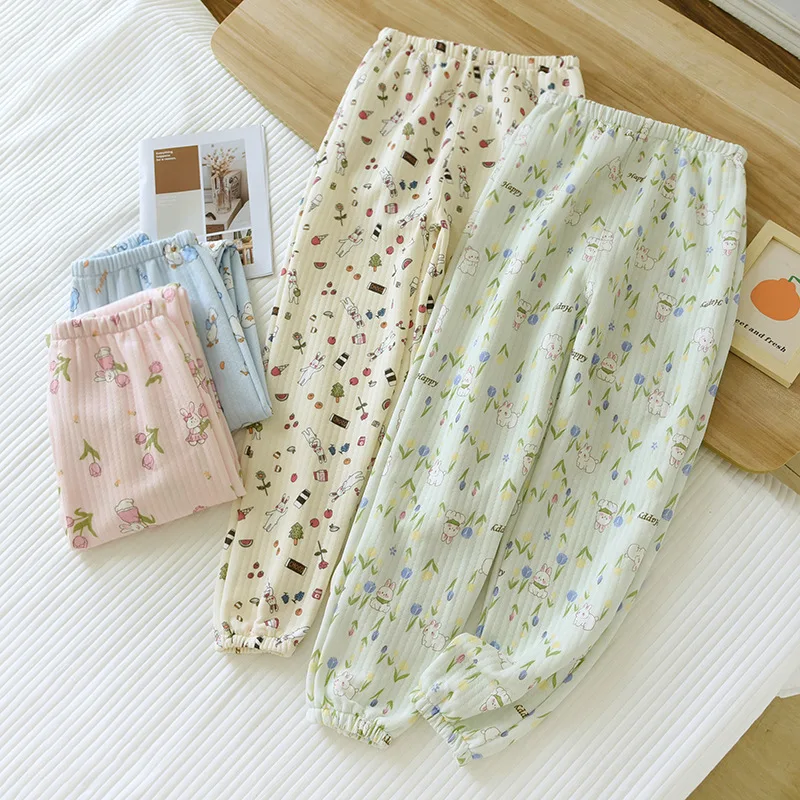 2023 Autumn and Winter New Women's Pajama Pants Warm and Thickened Three Layer Cotton Cladding Pants Air Layer Closed Home Pants