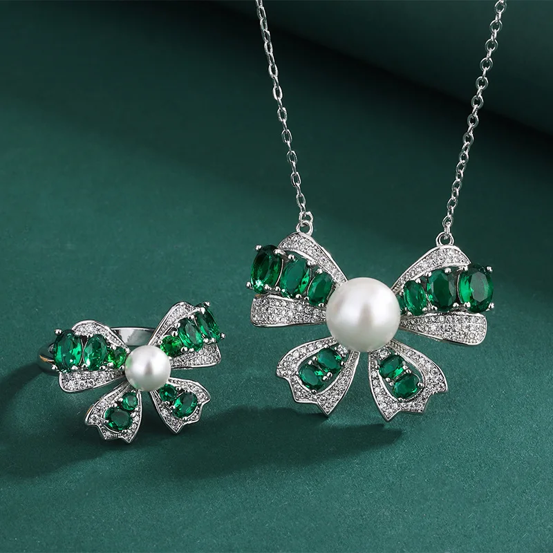 

JitDoo New Trendy Dazzling Emerald Engagement Pearl Rings Necklace For Women Vintage Wedding Band Party Bowknot Jewelry Set