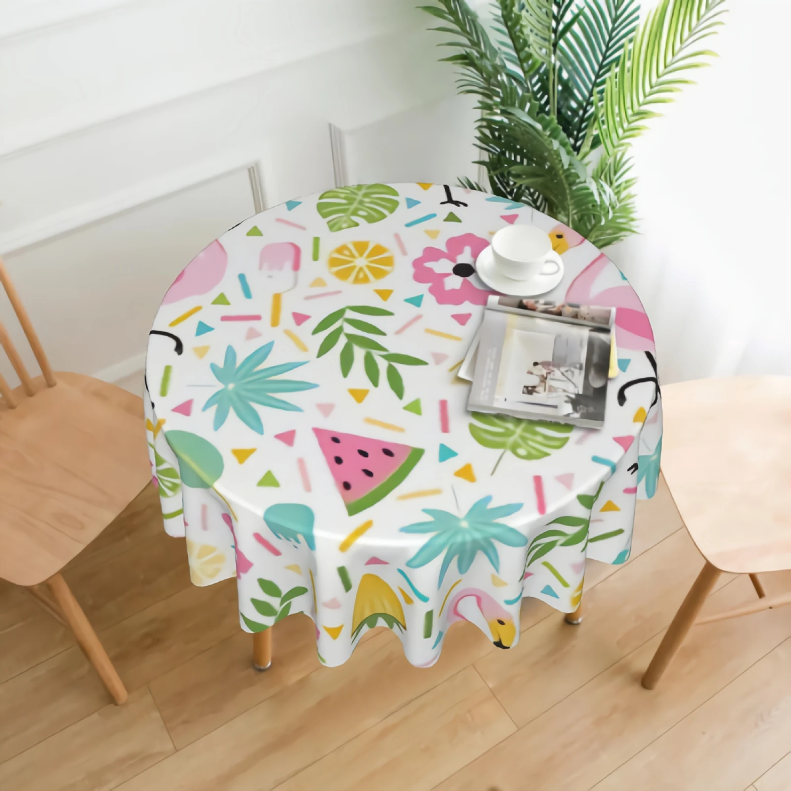 

Pink Flamingo Birds Round Tablecloth Waterproof Palm Banana Leaves Table Cloth Wrinkle Free Decorative Tablecloths Cover