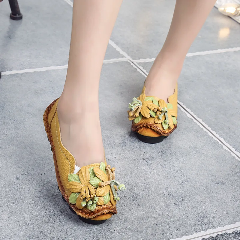 

New National Wind Flowers Handmade Genuine Leather Shoes Women Retro Soft Bottom Flat Shoes Summer Canvas Ballet Flats